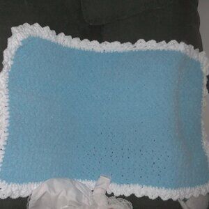 CROCHET BABY BLANKET, BABY BLUE WITH WHITE EDGING.  HAND MADE NEW  26" X 40"